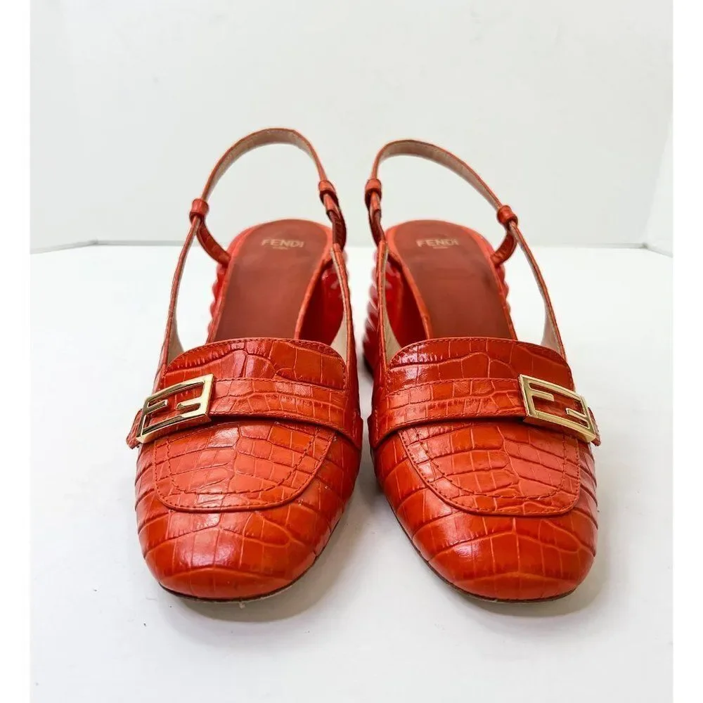FENDI Orange Rust Runway Croc Effect FF Logo Buckle Slingback Pumps Size… - Picture 9 of 16